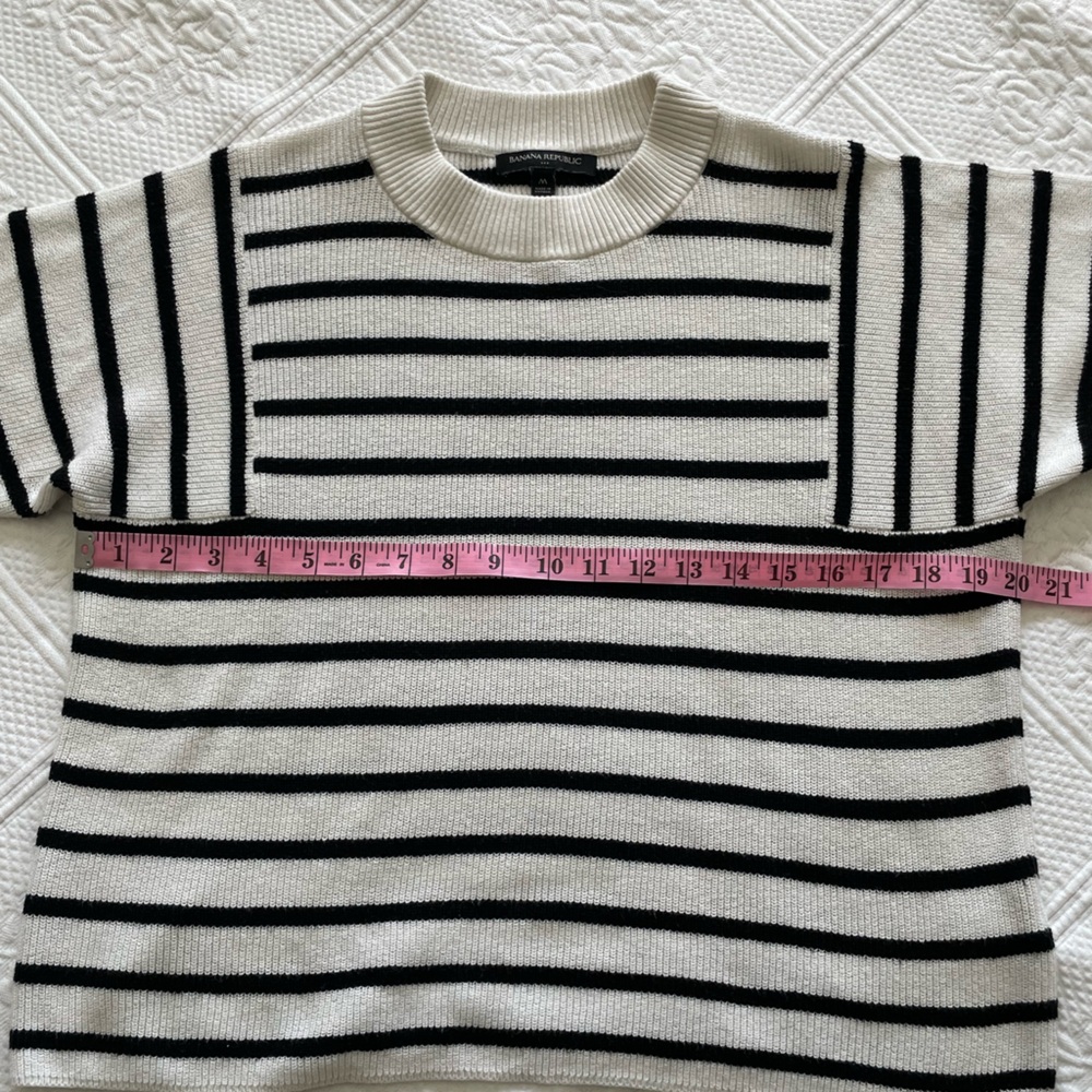 Banana Republic Crewneck Ribbed Striped Sweater Merino Wool Blend Cream Black M - Picture 12 of 14